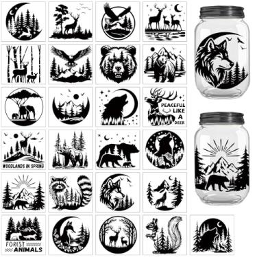 Imagem de Peacoblue Recortes de silhueta de animais da floresta para jarros de vidro de lata de pedreiro, decoração de garrafa de desejos, silhueta durável de 25 peças para lanterna, kit de artesanato faça você