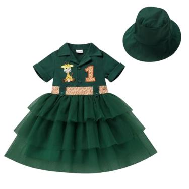 Imagem de IDOPIP Safari 1st Birthday Outfit for Baby Girls Toddler Halloween Outfit Wild Jungle Animal Tutu Dress with Hat Infant Zookeeper Suit for Cake Smash Photo Shoot Party Dress Clothes Green 9-12 Months