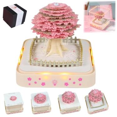 Imagem de Calendário 3D 2026, calendário de mesa 2026, bloco de notas de arte em papel 3D removível com luzes de LED, calendários criativos de bloco de notas 3D, presente de entalhe de papel DIY (cerejeira)