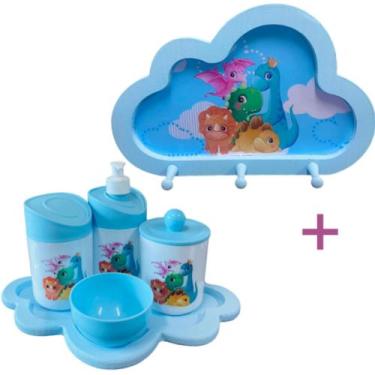 Imagem de Kit Higiene Dino Baby Juntos + Cabideiro Infantil Nuvem - Senior, Azul