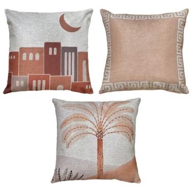 Imagem de Kit 3 Almofadas Linho Vila Árabe Palma Rosê Decorativa 45x45 - M3 Deco