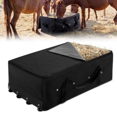 Imagem de Abbylike Bolsa Oxford impermeável para fardos de feno com 4 rodas resistentes 116 x 58 x 40 cm, recipiente de armazenamento de feno respirável extra grande para cavalos para armazenamento e transporte