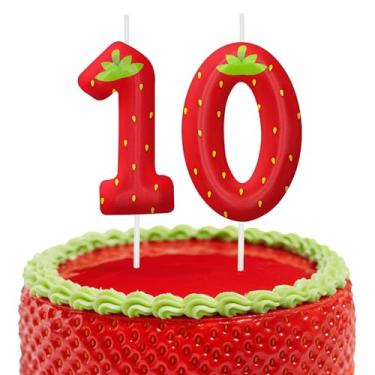 Imagem de Velas de aniversário de morango, decoração de topo de bolo de 6 cm, número 10 velas, decorações de aniversário, decorações de bolo de festa de aniversário, suprimentos de festa