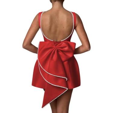 Imagem de Vestido Aosadin Mini Prom para coquetel de casamento Red Satin