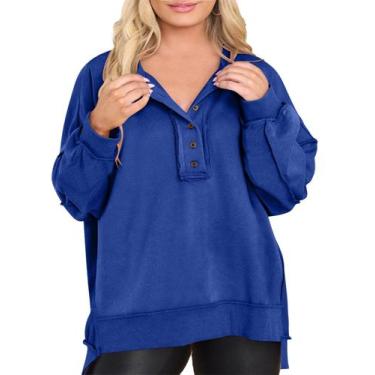 Imagem de Moletom feminino Eytino plus size com botão Henley, 4 vezes azul escur