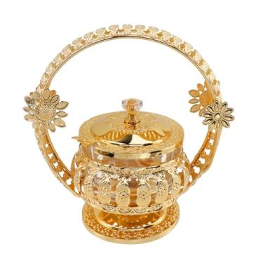 Imagem de Tsnamay Açucareiro dourado turco, tampa esculpida ornamentada com colher e tampas 17,3 cm x 17,8 cm vidro de ferro em relevo estilo retrô para decoração de festa de cozinha de casamento 1 peça