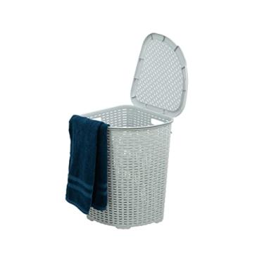 Imagem de Superio Cesto de canto com tampa branco de 50 litros – Cesto de roupa de vime com economia de espaço, leve, cesto de panos sujos de armazenamento 1,40 Bushel, formato curvado durável projetado