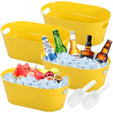 Imagem de Balde de gelo galvanizado amarelo, 4 peças, 3 galões, grandes baldes de metal para festas, banheira de cerveja com colheres para coquetéis de champanhe, resfriamento de vinho para suprimentos de bar