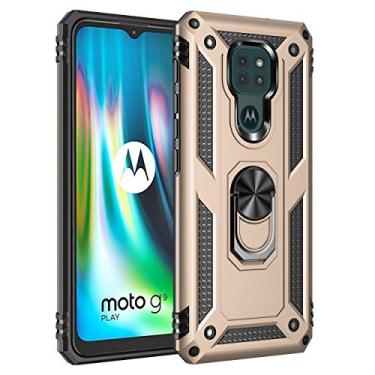 Imagem de SORAKA Capa para Motorola Moto E7 Plus com suporte de anel capa armadura Motorola Moto G9 Play capa traseira de policarbonato rígido com placa de metal para suporte magnético de telefone carro dourado