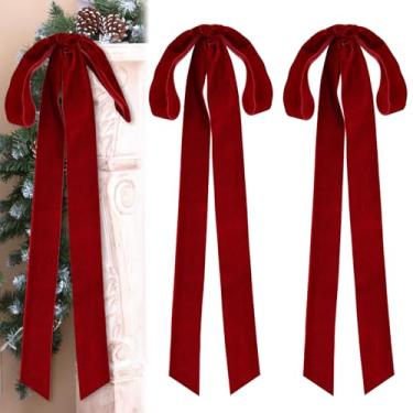Imagem de Laços de veludo de Natal de 69 x 21 cm Grande Veludo Escadaria Guirlanda Laço de Artesanato Rústico para Decoração de Natal Interior e Exterior (2, Vermelho Vinho)