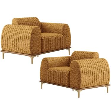 Imagem de Kit 02 Poltronas Decorativa Base De Madeira Castanho e Pés Metalizado D`Ouro Molino D02 Prime Bouclê Mostrada PB-03 - Lyam Decor