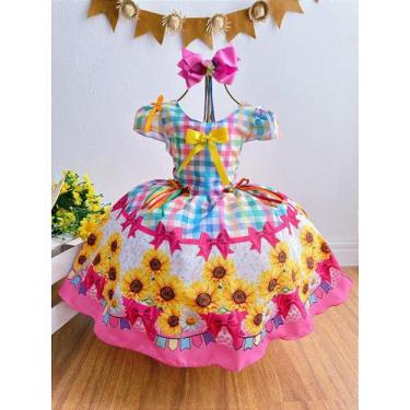 Imagem de Vestido Infantil Junino Luxo Xadrez Colorido Girassol - Tamanho P, M e