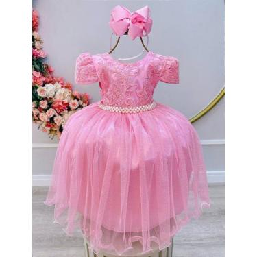 Imagem de Vestido Infantil Rosa Tule Com Renda Luxo Para Casamento e Festas - Fa