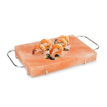 Imagem de only fire Placa de cozinha bloco de sal do Himalaia com conjunto de bandeja de aço para cozinhar, grelhar, cortar e servir - 30 x 20 x 3,8 cm