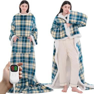 Imagem de PLOATH Xale de cobertor elétrico aquecido: poncho aquecido - cobertor vestível com capuz sherpa com 10 níveis de aquecimento e várias configurações de tempo de aquecimento (xadrez azul 102 x 178 cm)