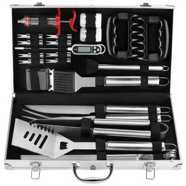 Imagem de Kit Churrasco na Grelha 26 Peças de Aço Inoxidável, Termômetro e Injetor de Carne com Estojo de zenamento, POLIGO, Prateado