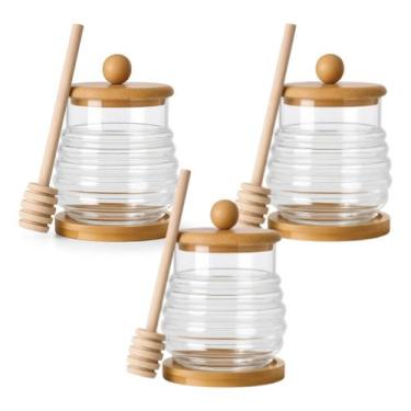 Imagem de Kit 3 Meleira Vidro Transparente Bambu Tampa Pegador 270ml - Cosy
