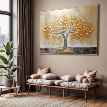 Imagem de Quadro com Moldura e Acrilico Cristal Vidro Sala Quarto Arvore Dourada Pintura Decorativo Horizontal Grande Hall