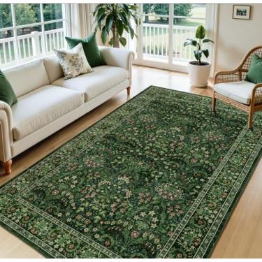 Imagem de Woaboy Tapete lavável 12 x 20 cm, vintage, boêmio, design floral para sala de estar, quarto, sala de jantar, antiderrapante, resistente a manchas, tapete macio para decoração de casa, verde grama