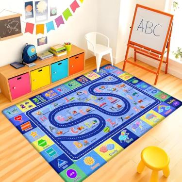 Imagem de Tapete infantil para sala de jogos, tapete educacional de sala de aula para quarto de crianças, tapetes laváveis para berçário, tapete macio antiderrapante para aprender tapete ABC, veículos, números