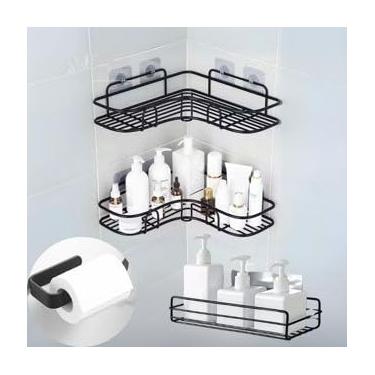 Imagem de Kit Nicho para Banheiro Aço Inox - Prateleira Angular Adesiva, Organizador de Canto sem Furado para Box (3 Prateleiras + Gancho Papel)