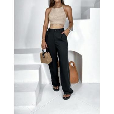 Imagem de A-Lows A&L calca pantalona alfaiataria Sem Faixa Liso Com Anel, Marrom