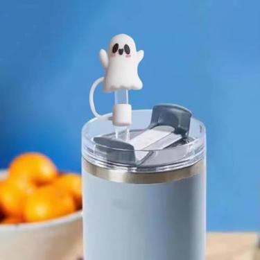 Imagem de 1 pç capa de palha de Halloween 3D pacote para Stanley Cup, lindo fantasma Halloween canudo topper capas de canudos de silicone, pontas de presente de Natal tampas para garrafa de água (4C, 4C)
