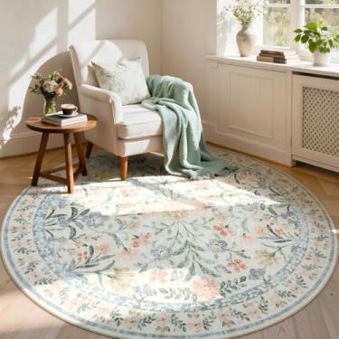 Imagem de Lahome Tapete redondo de 1,8 m bege floral, tapete de berçário com estampa de flores delicadas, lavável na máquina para quarto, tapete circular antiderrapante para uma decoração aconchegante de