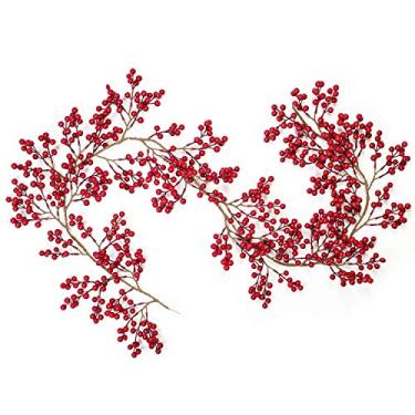 Imagem de Lvydec Red Berry Garland Decoração de Natal – Grinalda de frutas vermelhas artificiais de 1,82 m com hastes dobráveis para decoração de mesa de feriados de lareiras