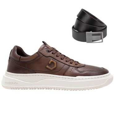Imagem de Kit Sapatênis Democrata Denim Block Masculino + Cinto, Marrom, 40