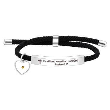 Imagem de Pulseira feminina com citação da Bíblia religiosa cristã, pulseira de placa gravada de aço inoxidável com pingente de semente de mostarda, presente de incentivo inspirador para amigos SLX001