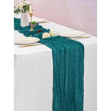 Imagem de Caminho de mesa de gaze 89 x 300 cm, 3 m, gaze rústica boho para decoração de festas de casamento, pacote com 1 (azul pavão)