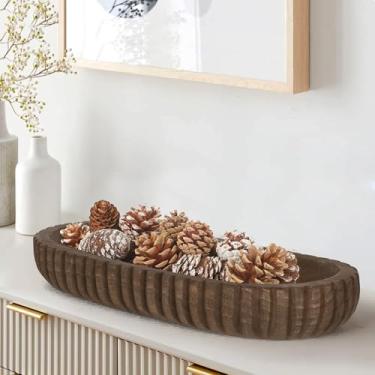 Imagem de Oakrain Tigela decorativa de madeira para decoração de casa, tigela de massa rústica de 40 cm com listras verticais esculpidas à mão, bandeja de madeira longa para centros de mesa, marrom