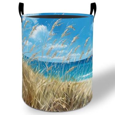 Imagem de Cesto de lavanderia Coastal Beach Grass 50 x 40 cm, balde de armazenamento de roupas Oxford dobrável à prova d'água para quarto, banheiro, quarto de bebê, decoração de berçário, caixas organizadoras