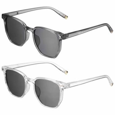 Imagem de HARFINGTON 2 peças de óculos de sol para mulheres e homens, óculos de sol quadrados modernos de policarbonato para dirigir, fazer compras e tirar fotos, cinza transparente e transparente