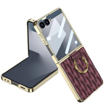Imagem de SHIEID Capa para Galaxy Z Flip 7 com suporte de anel – Capa de couro acolchoada de diamante de luxo com moldura galvanizada a ouro, capa protetora de toque suave para Samsung Galaxy Z Flip 7, Crimson