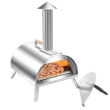 Imagem de Rixordd Forno de pizza de madeira de 30,5 cm – Máquina de pizza portátil de aço inoxidável ao ar livre com termômetro embutido, pernas dobráveis, alça de transporte e pedra de pizza de cordierite para