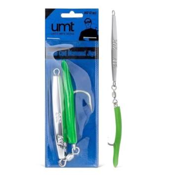 Imagem de UMT A17 Cape Cod Diamond Jig 59 g Cromado Verde Borracha Teaser 6/0 Gancho Mustad Personalizado para Atum, Stripers, Bluefish e Robalo