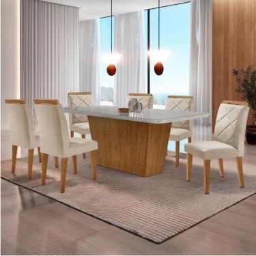 Imagem de Mesa Sala De Jantar Aida 180cm E 6 Cadeiras Melissa Moderna Veludo Creme/off White/imbuia
