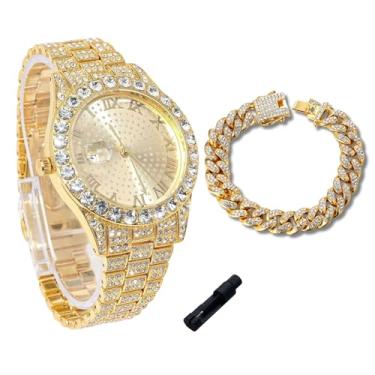 Imagem de genkigold Relógio de diamante dourado para meninos adolescentes - mostrador redondo com algarismos romanos de 43 mm - pulseira banhada a ouro real 18 quilates/platina/ródio preto - Inclui ferramenta