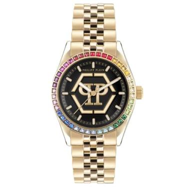 Imagem de Philipp Plein Relógio feminino de luxo da coleção Superlative Date com pulseira dourada e caixa com mostrador preto