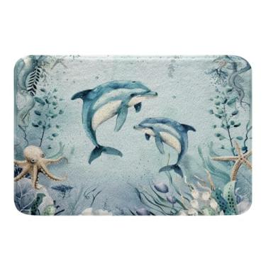 Imagem de Tapetes de banheiro golfinho, azul-petróleo, oceano, praia, litoral, 51 x 81 cm, estrela-do-mar, tentáculos, tapete de porta, criatura subaquática, coral, decoração de quarto de peixe kawaii