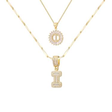 Imagem de ALFISO Colar com letras para mulheres, colares com inicial banhada a ouro 14K, joias personalizadas com nome personalizado, colar com pingente de iniciais para casal, 2 peças, colar elegante e