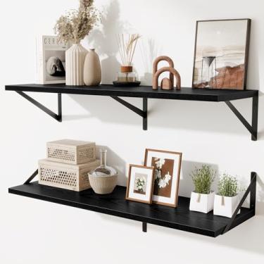 Imagem de Acovy Prateleiras flutuantes profundas pretas para parede, 91 cm L x 25 D Prateleiras de parede de madeira com suportes de metal, prateleira flutuante de armazenamento suspensa para sala de estar