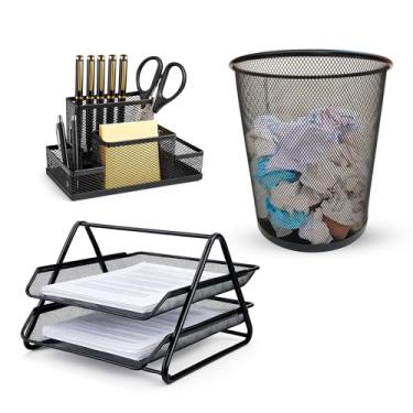Imagem de Kit Organizador de Mesa de Escritório com 3 Itens, Kit Escritório, Acessórios para Escritório, Lixeira 10 Litros, Organizador de 4 Divisórias e Organizador de Documentos (Pro)