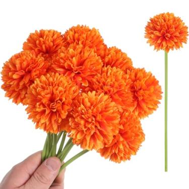 Imagem de Zyghjort Flores artificiais laranjas, 10 peças, crisântemo de seda falsa, flores de calêndulas falsas, buquês artificiais para casa, cozinha, jardim, festa de Halloween, decoração de mesa de casamento