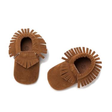 Imagem de Pantufa infantil para bebês, meninas, meninos, mocassim com borla, sapatos de camurça, primeiros andadores, sola macia, mocassim, A1 Marrom, 12-18 Months Toddler