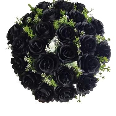 Imagem de Buquê de rosas com folhagem - Arranjo Floral Decorativo para Mesa, Sala de Estar, Eventos e Presentes - Beleza Eterna e Realista(Preto,3 Unidade)