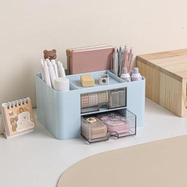 Imagem de Organizador de mesa com 2 gavetas, porta-cartões de plástico para mesa, material de escritório, penteadeira, escritório, escola, casa, azul