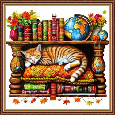 Imagem de DMCVIVR Kits de ponto cruz estampado para adultos iniciantes kits de bordado 11CT kits de ponto cruz padrões de bordado - gato dormindo na estante de livros 45,7 x 45,7 cm
